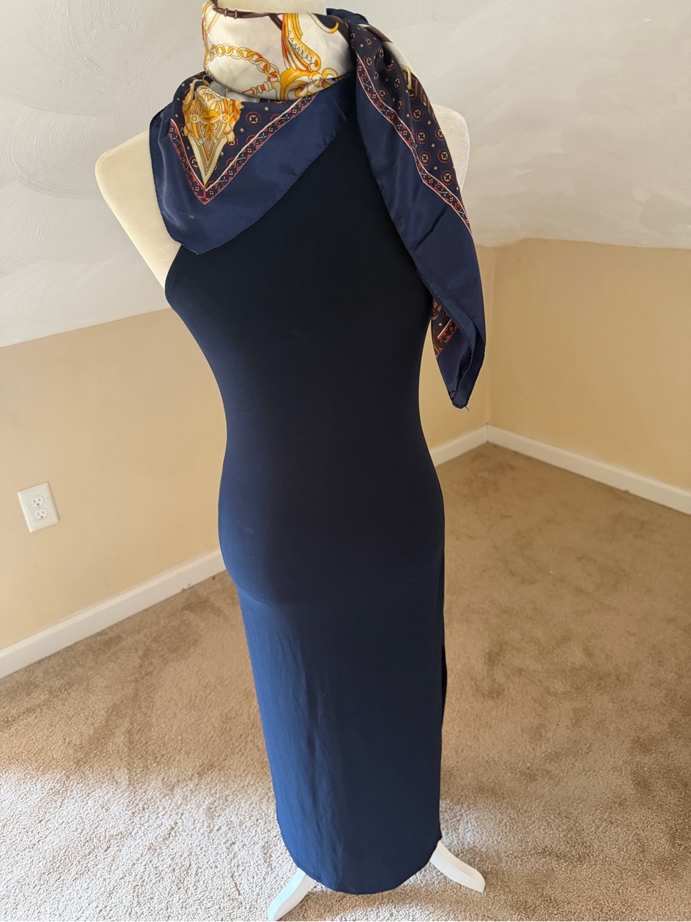 bebe Navy sleeveless high neck Midi Dress with Silk Scarf Accent